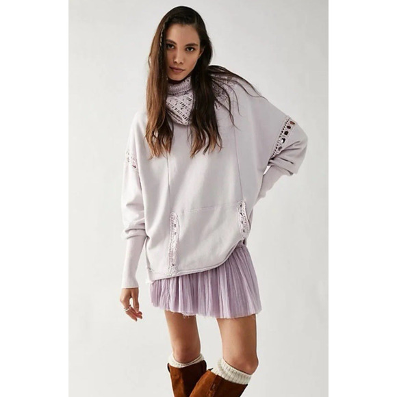 FREE PEOPLE Melody Crochet Swit Lilac Oversized Sweatshirt Small Boho Cozycore - Picture 2 of 13